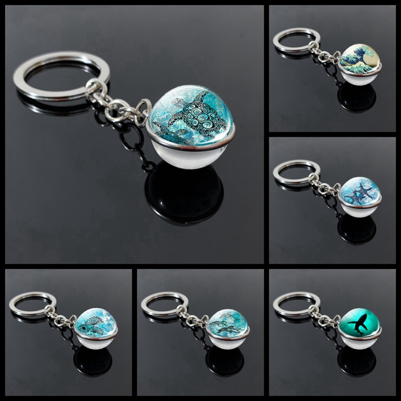 

New Turtle Dolphin Shell Glass Ball Keychain Glass Ball Convex Jewelry Marine Souvenir Pendant Gift Keyfob Key Ring