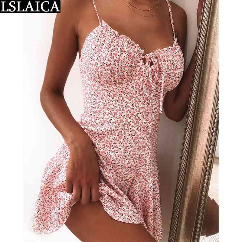 

fashion dress women spaghetti strap floral print lacing mini casual elegant beach holiday evening party female 210520, Pink