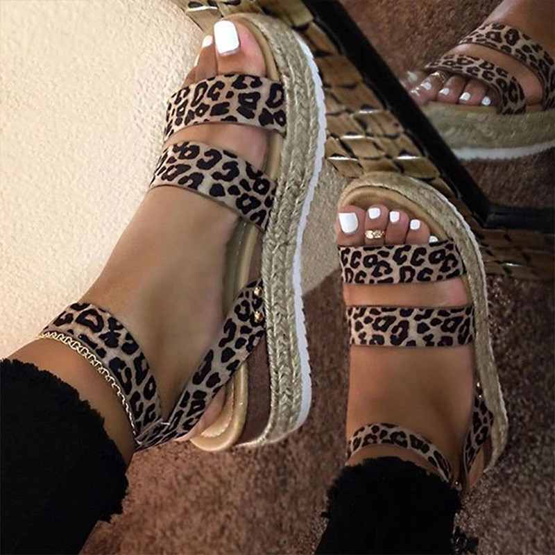 

Women Sandals Leopard Retro Hemp Flat Platform Ladies Summer Wedges Shoes Woman Casual Buckle Strap Womens Plus Size Female, Beige