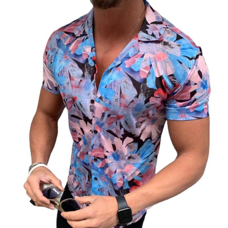 

Plus size Camisas Blouse Casual Shirts Summer Short Comfortable Hombre Tops for Man Floral 4XL Print Shirt, Blue
