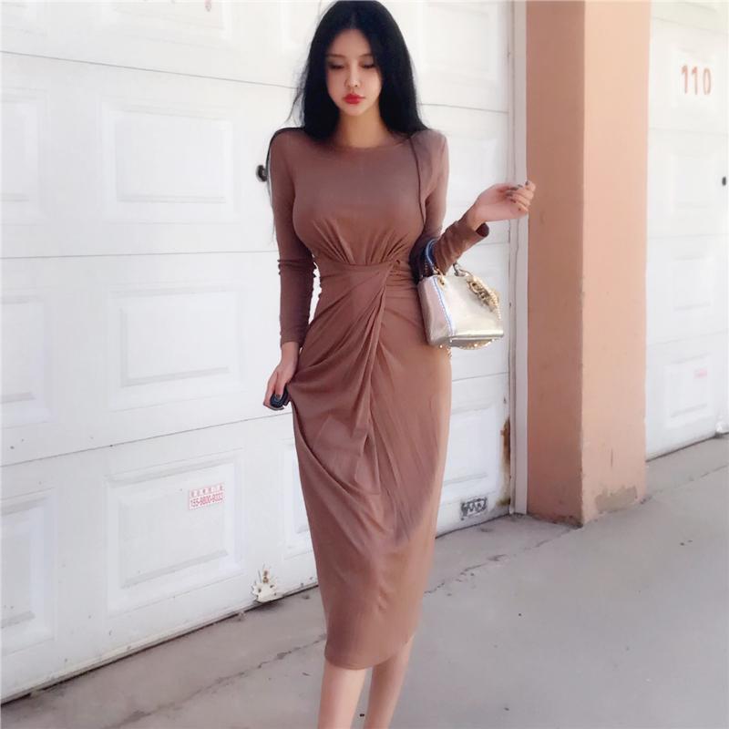 

Casual Dresses AOSSVIAO Knee-Length Dress Knitted Elastic Sleeveless Bodycon Elegant Women 2022 Pleated Sexy O-Neck Button Party Slim, Black;gray