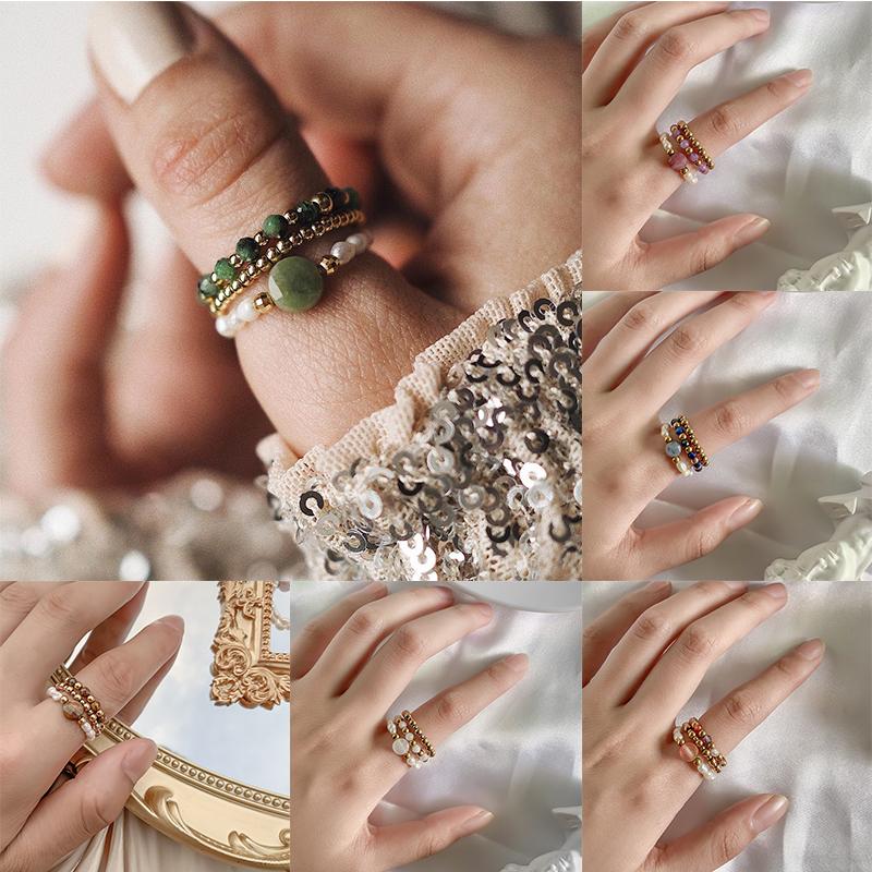 

cluster rings bohemian ring set natural stone freshwater pearl stainless steel beads imitation moonstone crystal for women gifts, Golden;silver