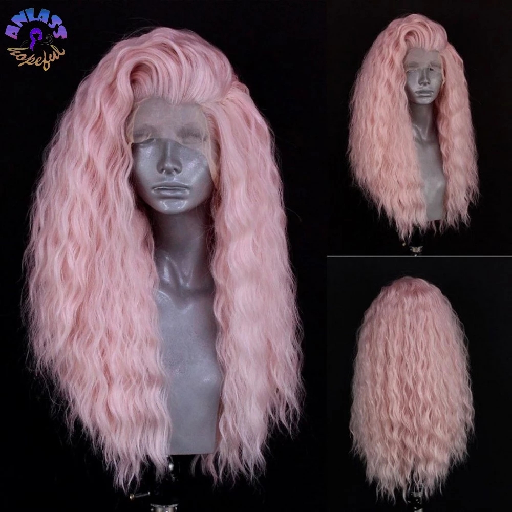 

New Loose Curly Lace Front Wigs Pink/Brown/Black Color Synthetic Deep Wave Frontal Wig PrePlucked Baby Hair Glueless