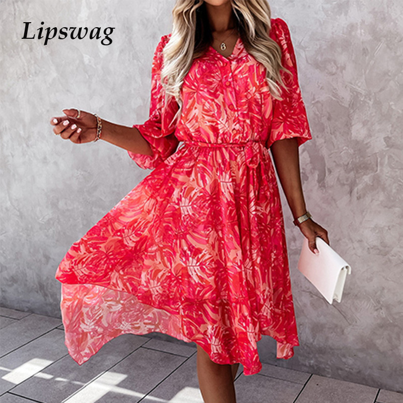 

fashion half sleeve women irregular beach dress elegant button lady floral print chiffon dress summer v neck lace-up party dresshigh quality, Black;gray