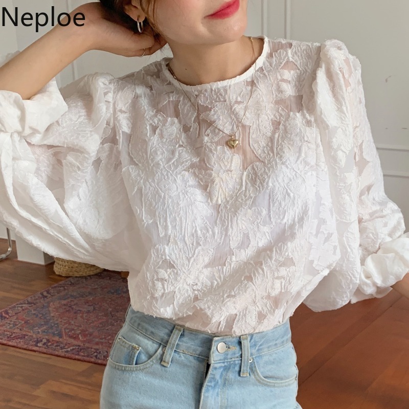 Neploe Blusas Mujer De Moda Temperament Lantern Sleeve Blouses Women See Through White Shirt Loose Elegant Tops Female 210422