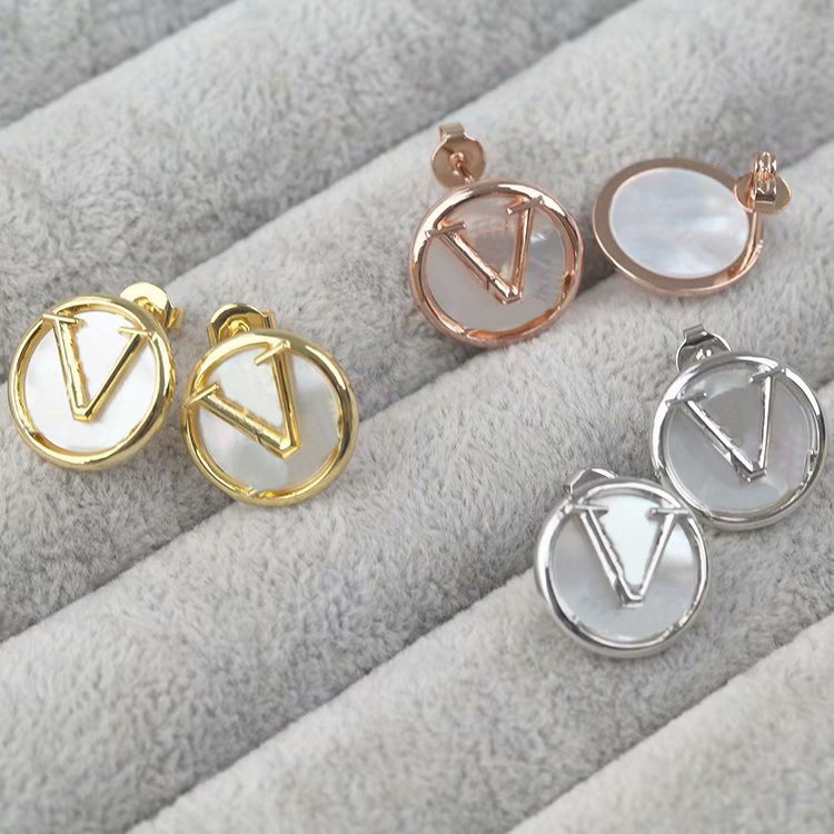 

Europe America Fashion Style Lady Women Titanium Steel White Mother of Pearl V Initials Round Stud Earrings 3 Color, Golden;silver