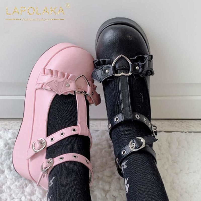 

Dress Shoes Lapolaka Cute Girls Mary Janes Pumps Women Female Rubber Sole Buckle Strap Ruffles Year-round Sweet Party Sexy Club, Black