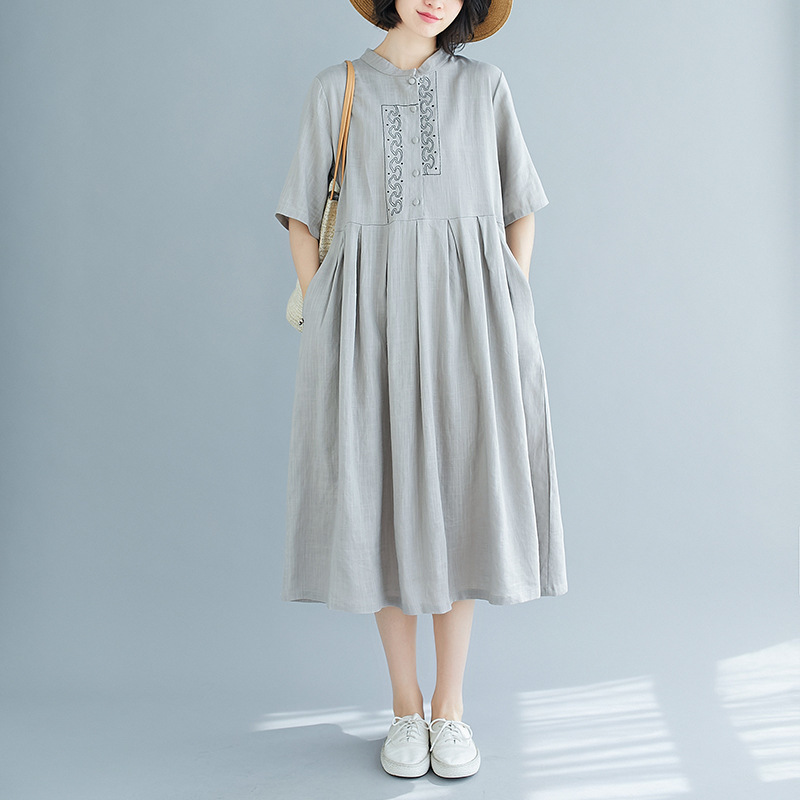 

Johnature Women Embroidery Floral Dress Summer Stand Short Sleeve Gray Women Vintage Loose Dresses 210521