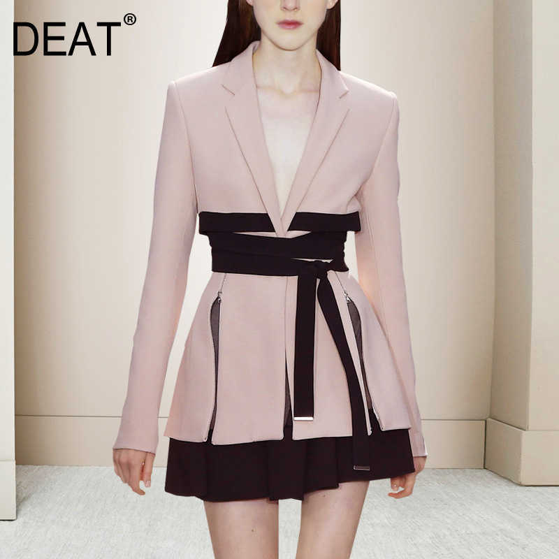 

DEAT Suit Woman Notched Full Sleeve Pink Solid Blazer + Drawstring Mini Length Skirt Office Lady Style Autumn AR420 210708, Pink suit
