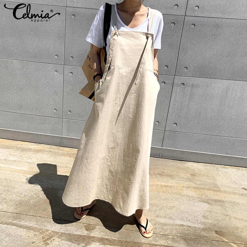 

5XL Women Fashion Sleeveless Maxi Dress Celmia 2021 Vintage Linen Strappy Casual Loose Long Vestidos Female Solid Work Robe 7, Black