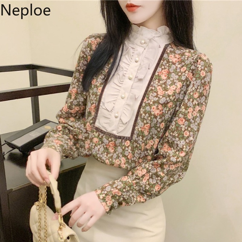 Neploe Vintage Blouse Women Sweet Puff Sleeve Floral Shirts Tops Chic Pearl Button Elegant Chiffon Blouses Blusas Mujer 210422