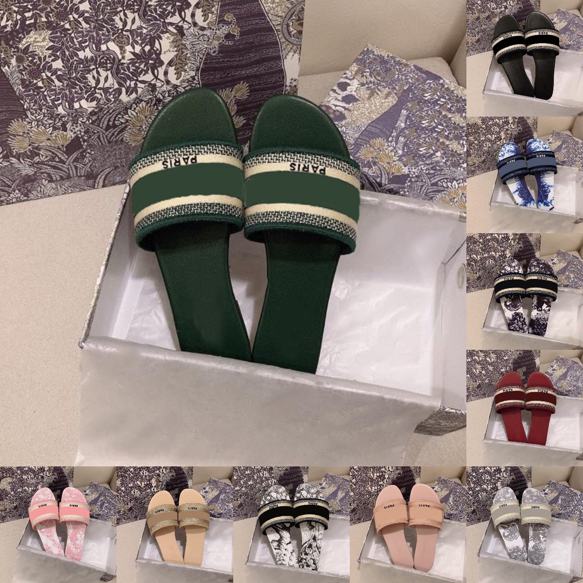 

2021 Paris Women shoes Slippers Summer Beach Slides Top Quality Flip Flops Loafers Sexy Embroidered Slipper Size36-40, Colour-11