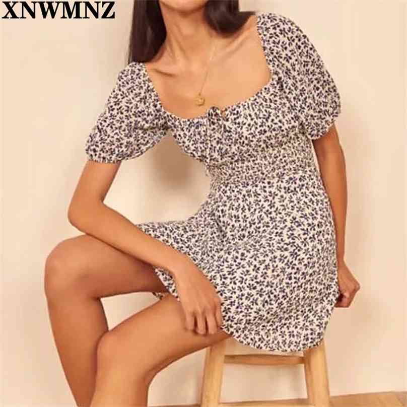 

Vintage Print women Dress Center Tied Bow Summer Slim Dresses Elastic Waist party dress Fashion vestidos 210520, Blue