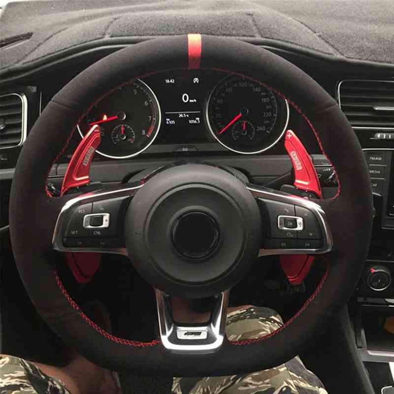 

Hand-Stitched Carbon fiber Black Suede Car Steering Wheel Cover For Volkswagen Golf 7 GTI Golf R MK7 Polo Scirocco 2015 2016 H220422