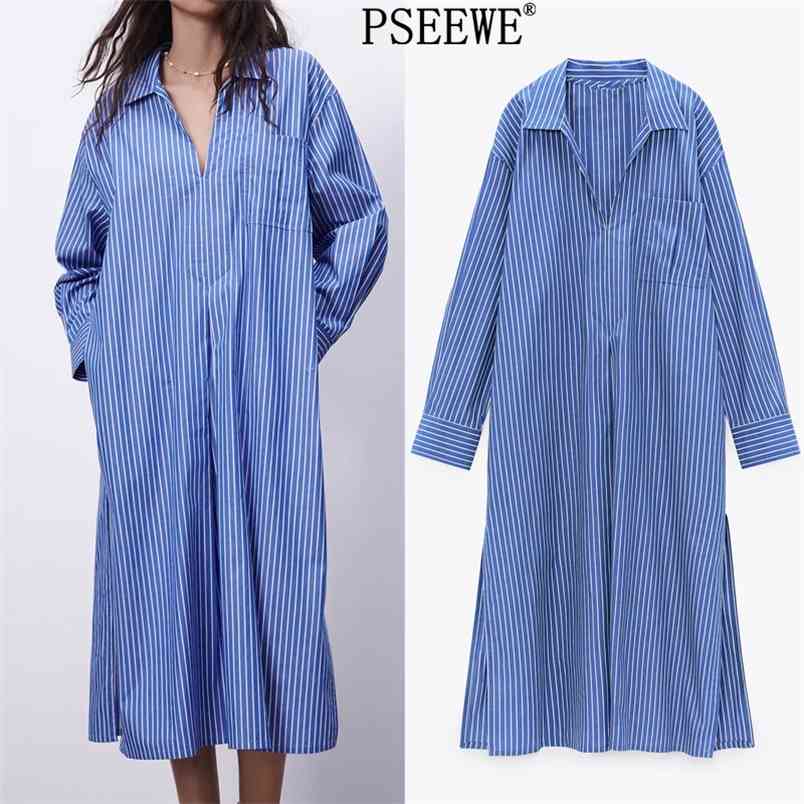 

Spring Blue Striped Woman Long Shirt Dress Pocket Sleeve Oversized Women Hem Side Vents Casual es 210519
