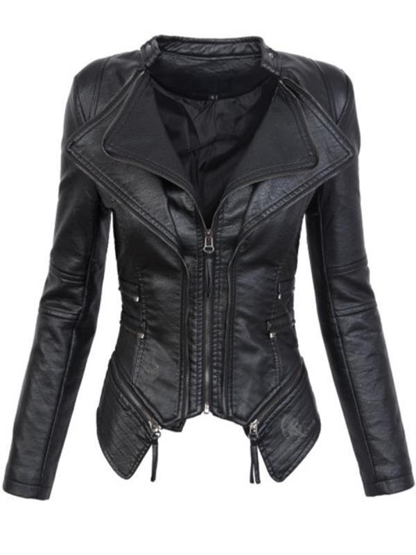 

Women Faux Leather Jacket Autumn Zipper Slim Short Coat Simple Biker Moto Street PU Jackets Black Top Vrouwen Jas Kunstleer Women