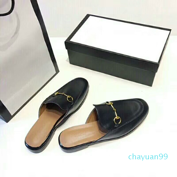 

2021 leather half-wrapped flat soled Horsebit slippers Italian classic fairy summer leisure wear mules sandals outside genuine leather, Black