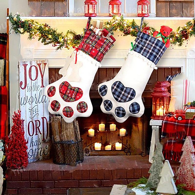 

Christmas Decorations 2022 Stockings Home Decoration Cute Dog Bone Pendant Kids Candy Gift Bag Snowflake Plaid Tree Ornaments