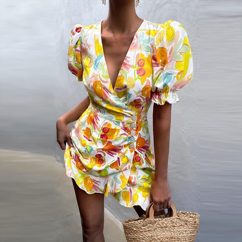 

summer deep v neck women dresses floral print mini short puff sleeve button a line flowers casual lady vestidos, Black;gray