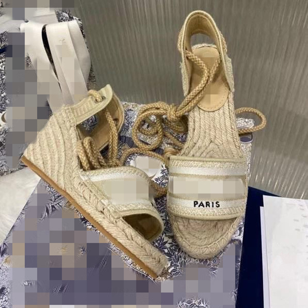 

Prad Fashion designer style ladies canvas thick bottom straw fisherman weave wedge sandals summer beach embroidery strap high heel