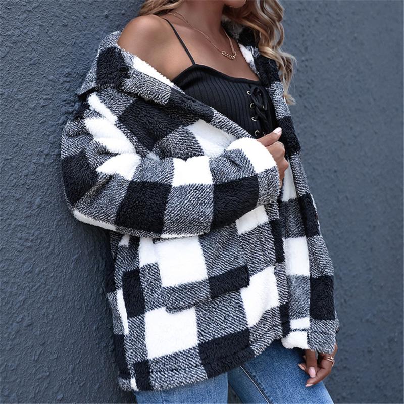 

Women's Knits & Tees Winter Plaid Sweater Sherpa Faux Fur Cardigan Fluffy Warm Tops Ladies Vintage Teddy Sweaters, White