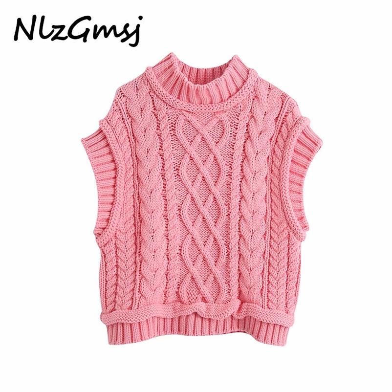 

Women Sweet Fashion CabLe Knitted Cropped Vest Sweater Vintage High Neck Sleeveless Female Waistcoat Chic Tops 210628, As picture