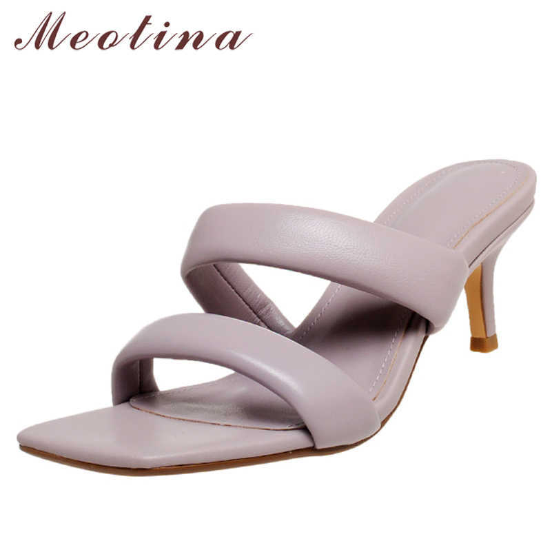 

Meotina Women Slippers Shoes Genuine Leather Sandals High Heel Square Toe Slides Thin Heel Sheep Skin Ladies Footwear Summer 41 210608, White