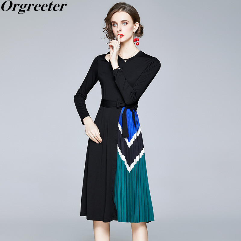 

Runway Design Retro Patchwork Striped Printted Pleated Long Dress Hollow out Long/Short Sleeve Sashes Bow Elegant OL 210525