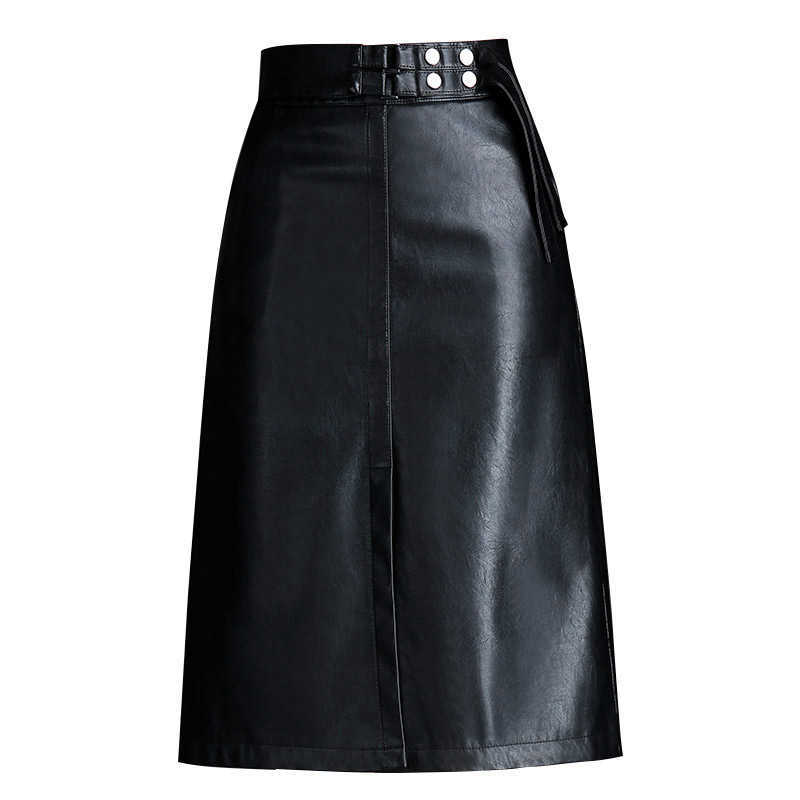 

PU leather skirts faldas autumn winter high waist slim midi long skirt mujer moda jupe femme longue 210601, Black