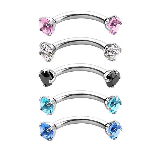 

Curved Eyebrow Ring Clear CZ Gem 3mm Round Zircon Internally Threaded Nail Stainless Steel Bending Body Jewelry 16G hip hop