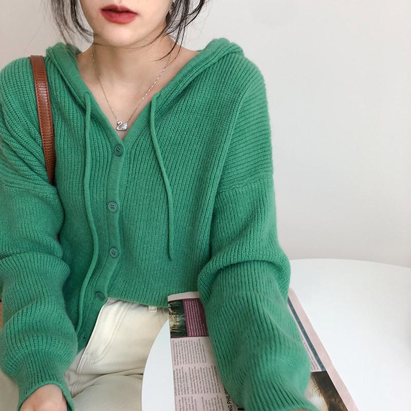 

Women's Sweaters Women Knitted Hooded Cardigan Jacket 2021 Autumn Single-breasted Warm Basic Knitwear Pullovers Female Solid Ladies Top, Green