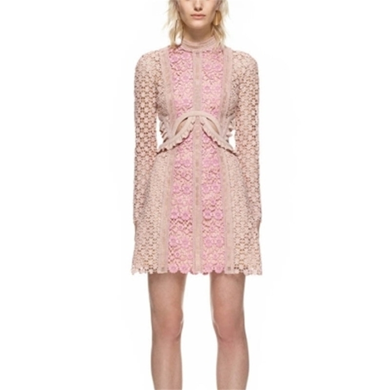 

High Quality Hollow Out Lace Women Dress Self Portrait Long Sleeve Waist Sexy Slim Bandage 210603, Picture color