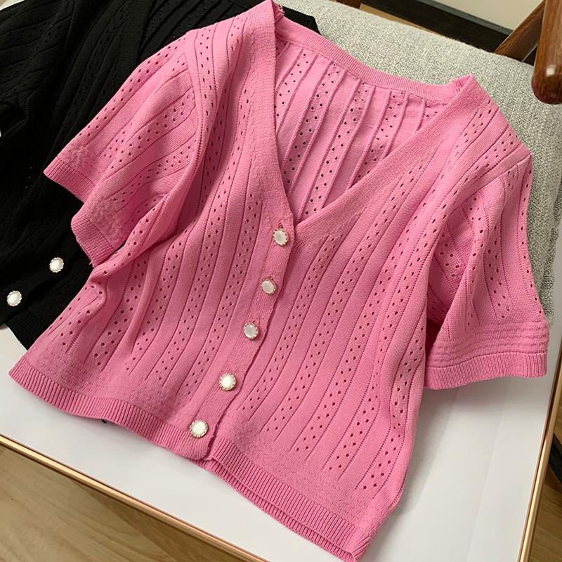 

Women's Knits & Tees Thin Knitted Short Sleeve Cardigan Top Summer Women Hollow Out Casual Cardigans Single-breasted T-shirts Crop Tops, Black