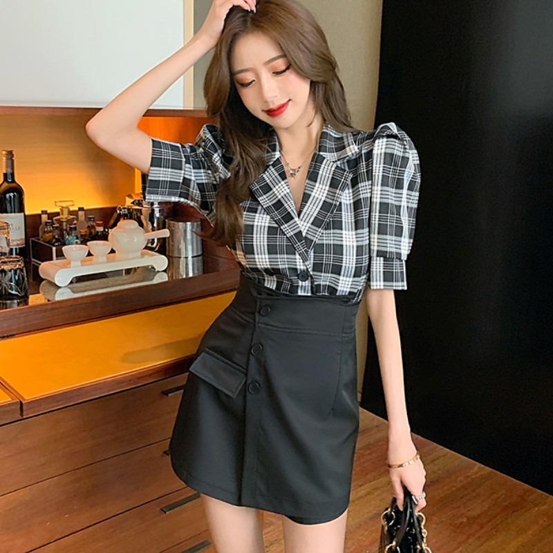 

Women Summer Vintage Two-Piece Set Office OL Plaid Notched Puff Sleeve Shirt Top + High Waist Irregular Mini Skirts Female 210518, Black
