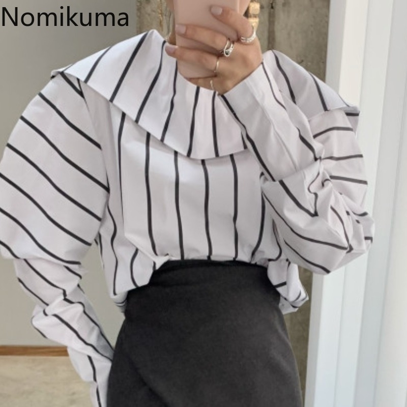 Nomikuma Spring New Shirts Women Korean Stripe Blouses Causal Puff Sleeve Peter Pan Collar Blusas Mujer De Moda 6G626 210427
