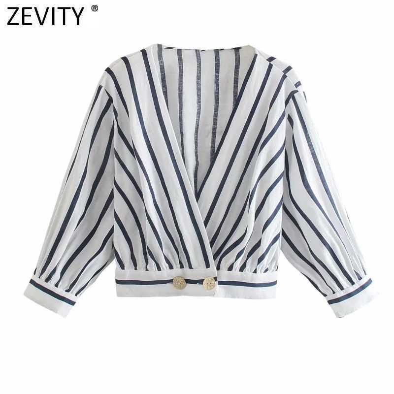 

Zevity Women Vintage Cross V Neck Striped Print Short Smock Shirts Kimono Blouses Office Ladies Linen Roupas Blusas Tops LS9228 210603, As pic ls9228o