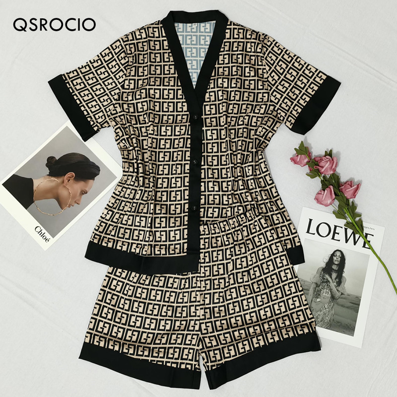 

QSROCIO Womens Pajamas Set Luxury Fashion Cross Letters Print Short Sleeve Sleepwear Silk Like Leisure Home Clothes Nightwear, Champagne gold