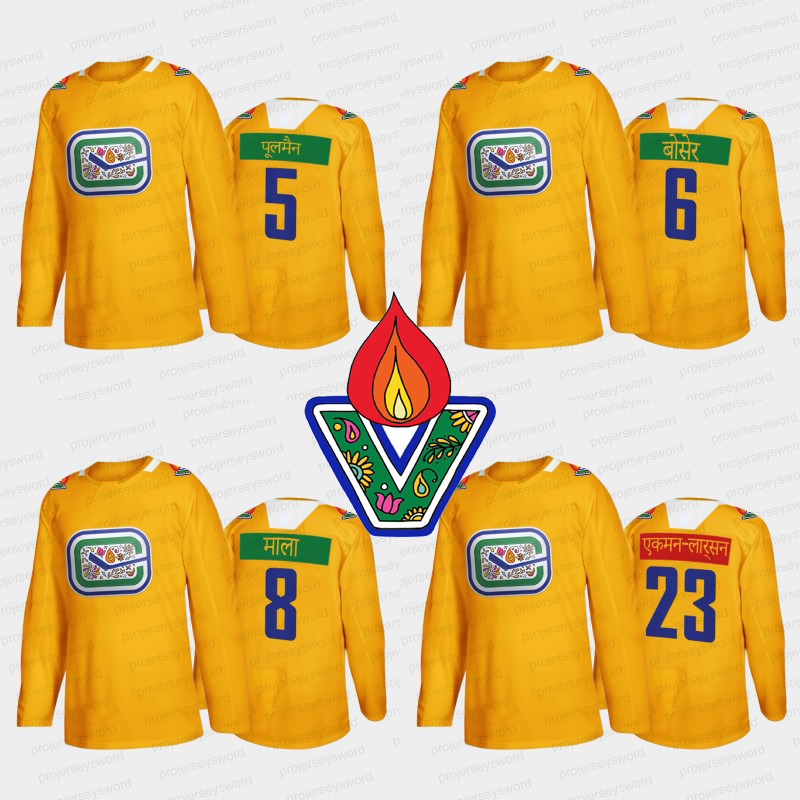 

Vancouver Canucks Diwali Night Yellow Jersey Tanner Pearson Tyler Myers Bo Horvat Quinn Hughes Elias Pettersson Alex Chiasson Oliver Ekman-Larsson Nils Hoglander, 6 brock boeser