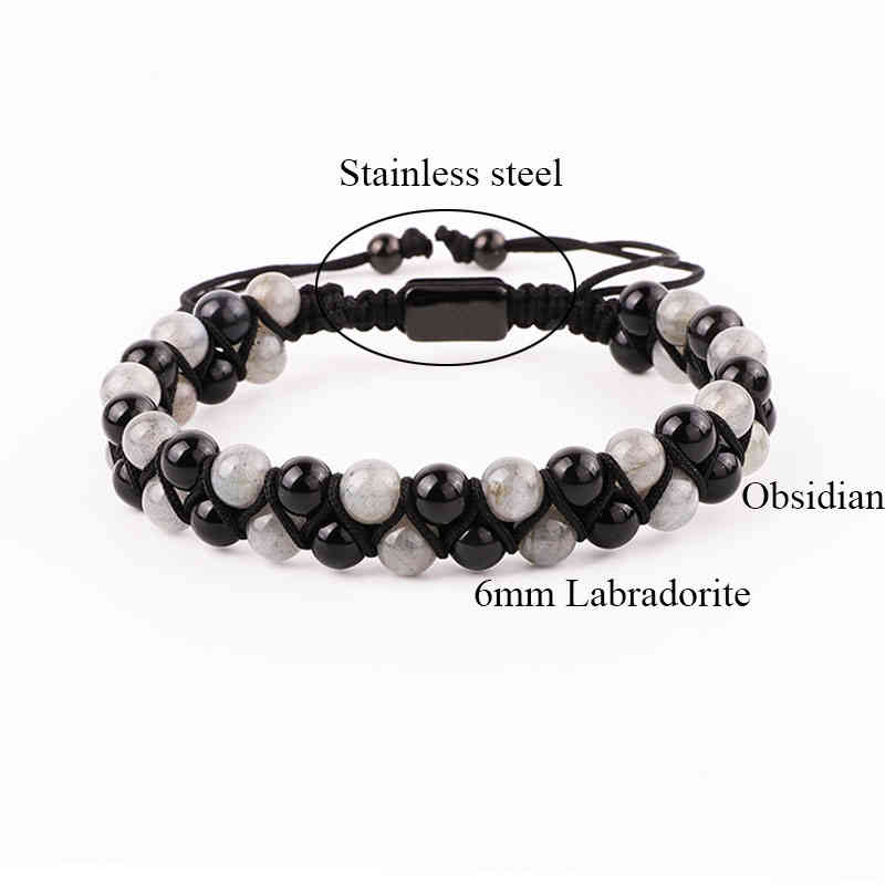 

Fashion Gemstone Bracelet Natural 6mm Labradorite Black Agate Beads Handmade Cord Braided Macrame Bracelet Men Women