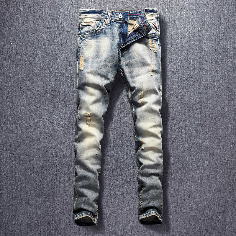 

Italian Style Fashion Men Jeans High Quality Slim Fit Ripped Hip Hop Denim Trousers Retro Wash Vintage Designer Long Pants Homme, Retro color