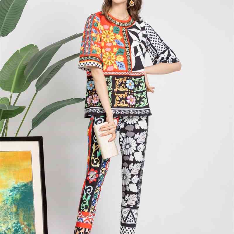 

Truevoker Summer Runway Fashion Vocation Vintage Pant Set Mujer Indie Folk Print Blouse + Suit Resort Party Two Piece 210602, Gray