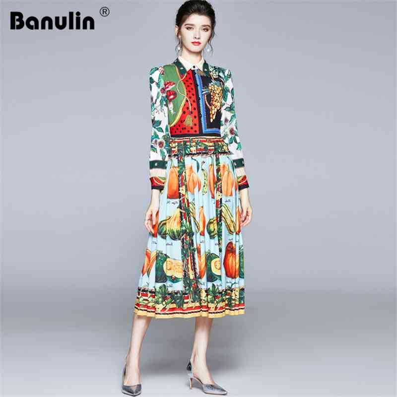 

Banulin Runway Fashion Designer Fruit Vegetable Printing Dress Autumn Women Long Sleeve Vintage Pleated Shirt Dresses 210603, Design and color
