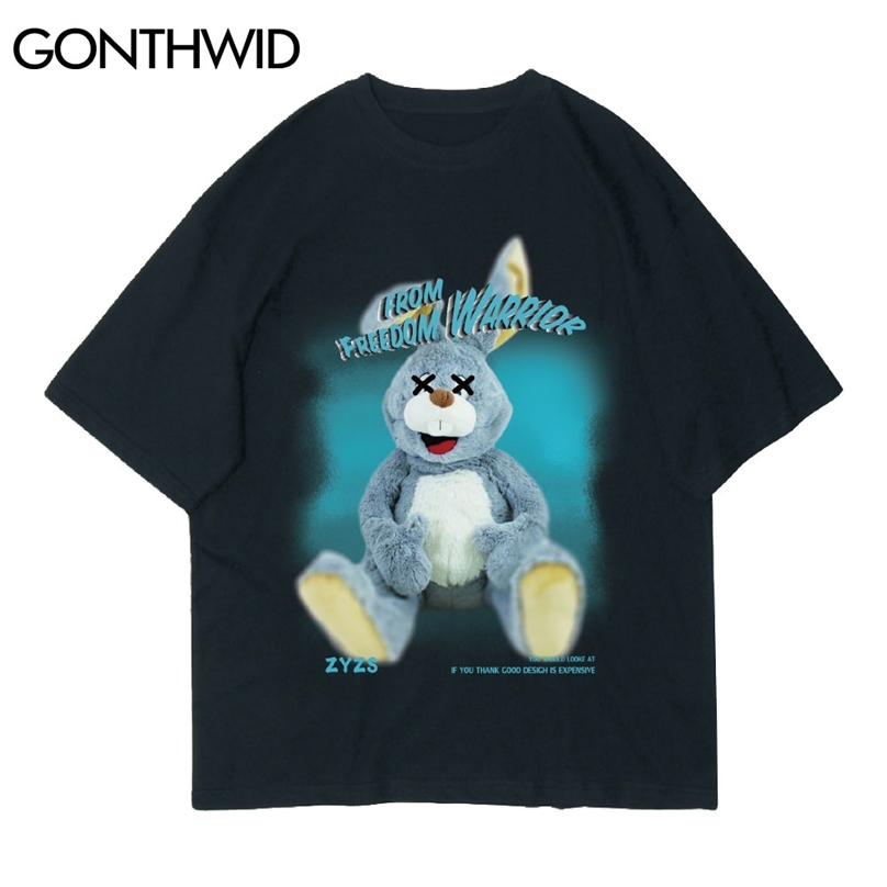 

T-Shirts Summer Harajuku Hip Hop Fleece Toy Rabbit Print Short Sleeve Casual Cotton Tshirts Streetwear Loose Tees Tops 210602, White