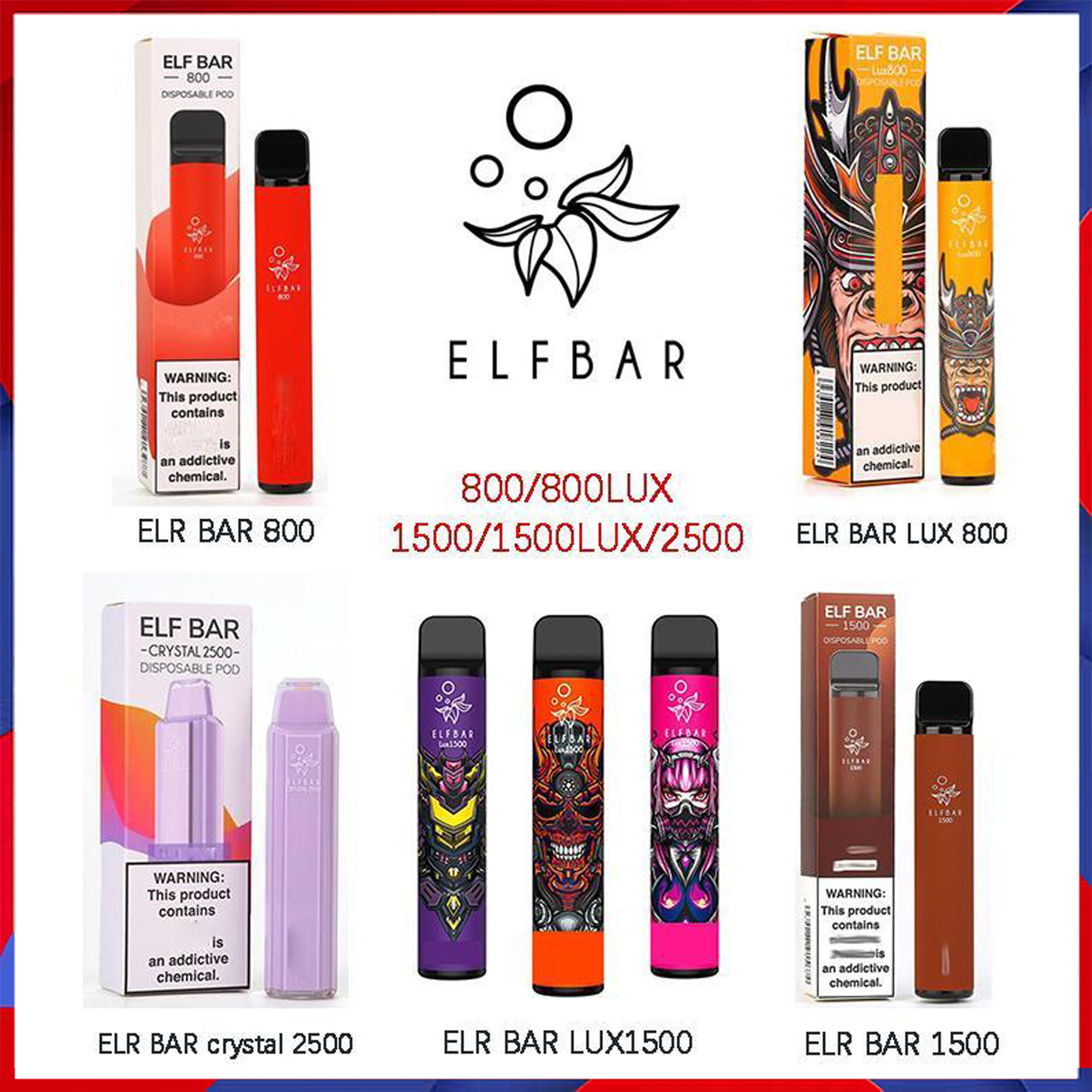 

100% Authentic Elf Bar Crystal Lux Disposable Electronic Cigarettes Device Vape Pod 600 800 1500 2500 Puffs Hotsale Disposables 2% and 5% Strength Available Geek