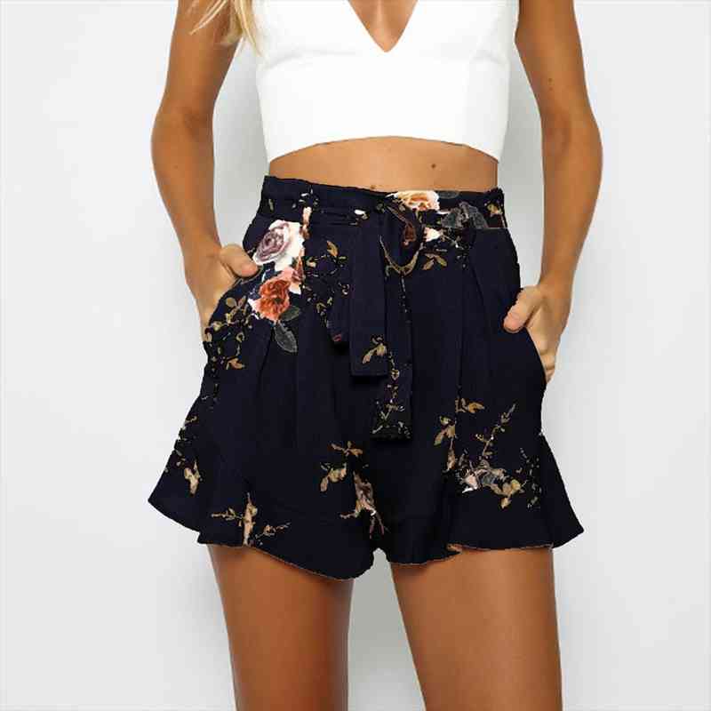 

Women Shorts Casual Summer Ruffle Floral Print Zipper Short Plus Size Breathable Home Shorts Beachwear Hotpants, White;black