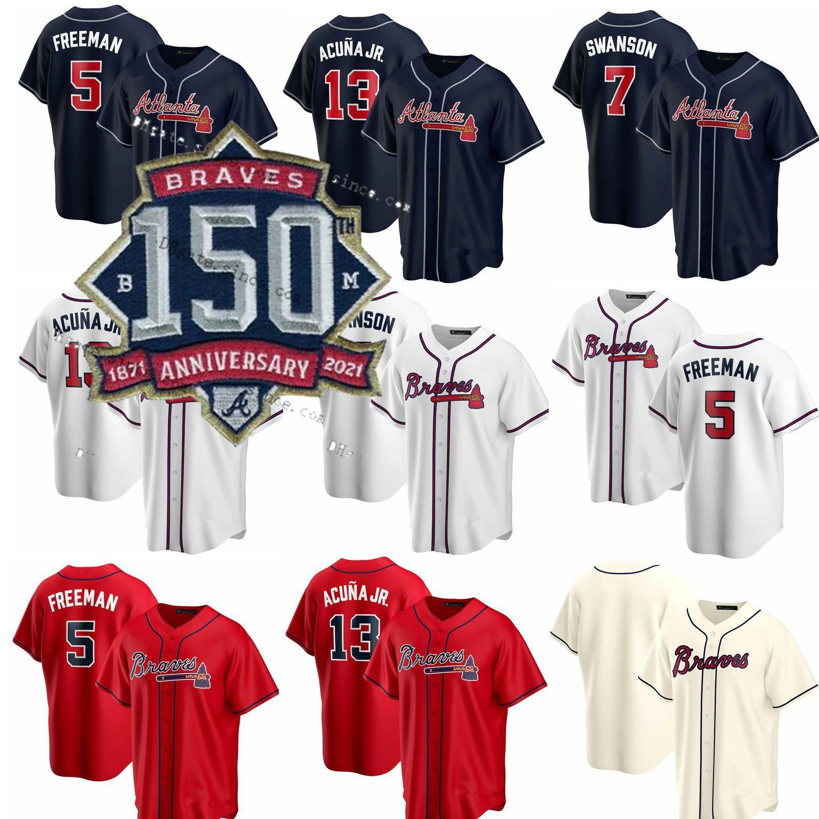 

2021 Atlanta 150th Patch 13 Ronald Acuna Jr. Jerseys Men Women Kids Freddie Freeman Braves 7 Dansby Swanson 20 Marcell Ozuna Baseball Jersey, Blue;black