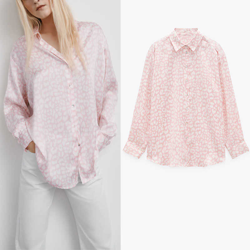 

ZA Spring Print Satin Pink Shirt Women Long Sleeve Flowy Vintage Tops Woman Fashion Button Up Soft Fitted Shirts 210602
