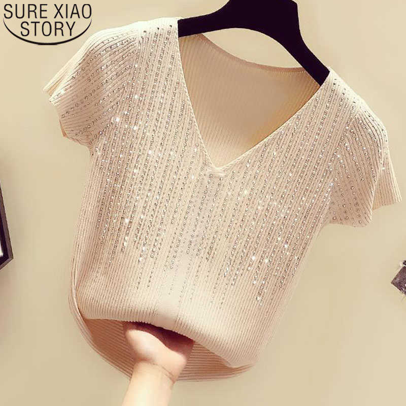 

Summer Sexy Short-sleeved Shirt White Tops Women Korean Fashion Ice Silk Shirt V-neck Blouse Slim Ladies Blusas 14653 210527, Green