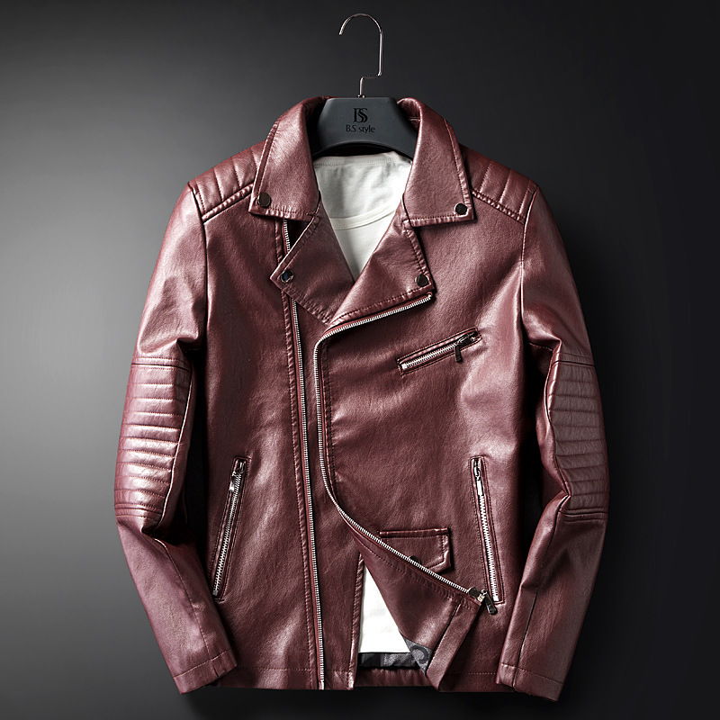 

Pure color stitching chic motorcycle style men's leather jacket high-quality stand-up collar retro comfortable windproof fashion travel commute, Black