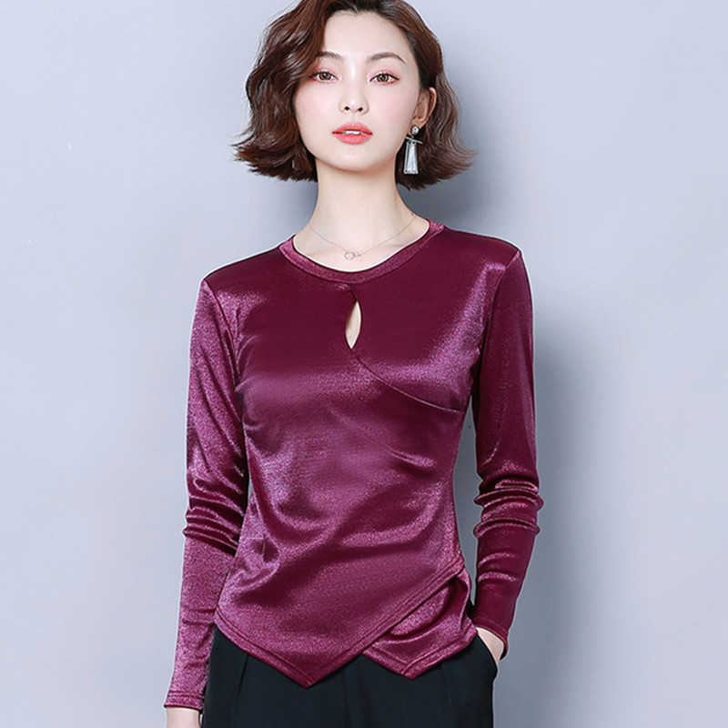 

Korean Silk Blouse Satin Shirt Plus Size Woman Solid Long Sleeve Hollow Out Tops Blusas Mujer De Moda 210604, Purple